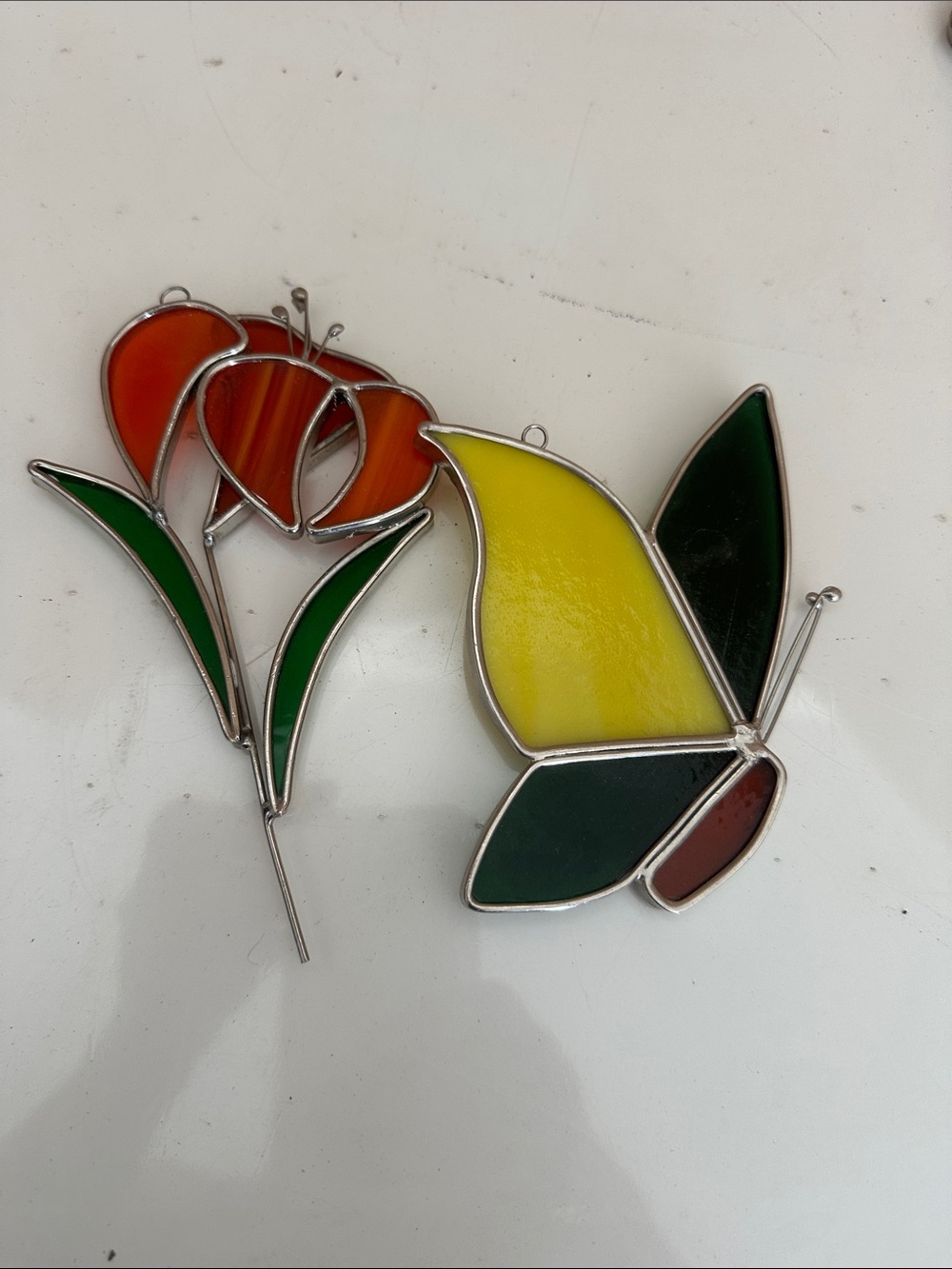 Vintage Stained Glass Butterfly and Flower Wall Decor - Yellow, Orange, Green